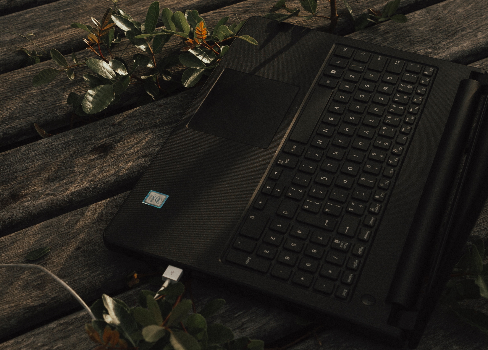 laptop sitting on a wooden outdoor deck with leaves